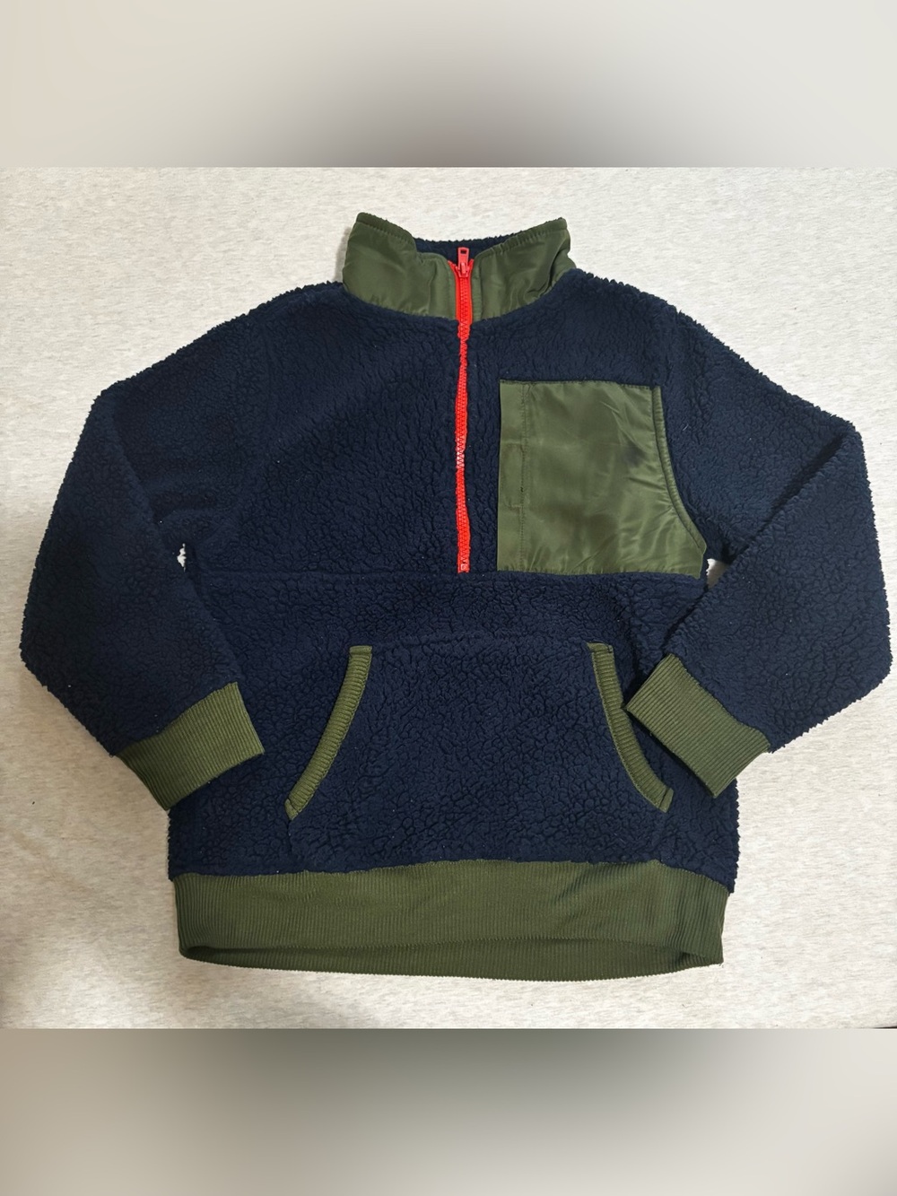 365 Kids Navy Sherpa Fleece Quarter Zip Pullover Jacket Size 8 Green Trim - Picture 2 of 9